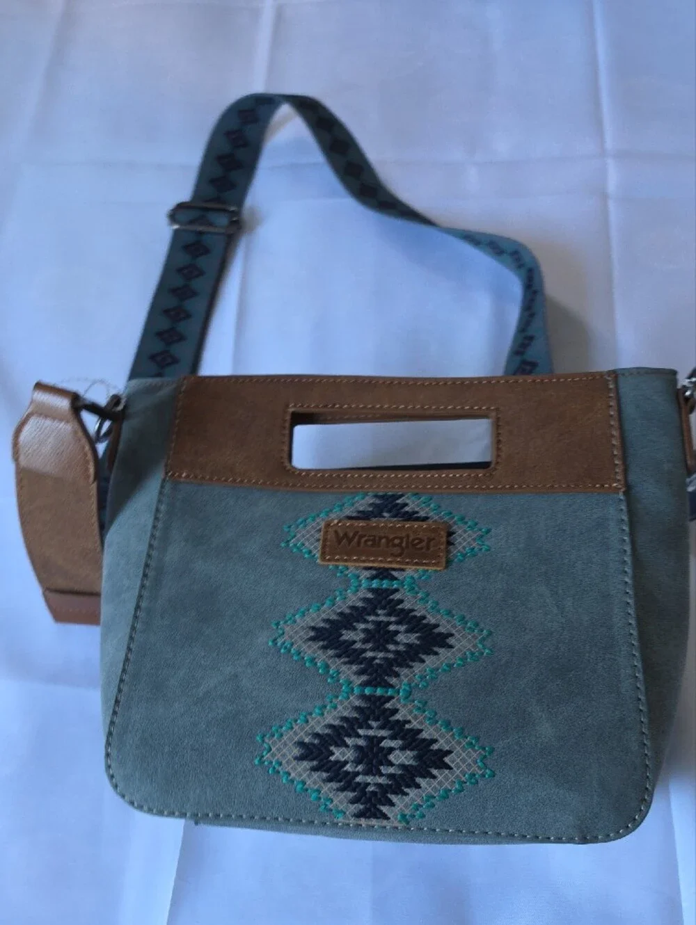 Wrangler Teal & Brown Messenger Crossbody with Patterned Strap